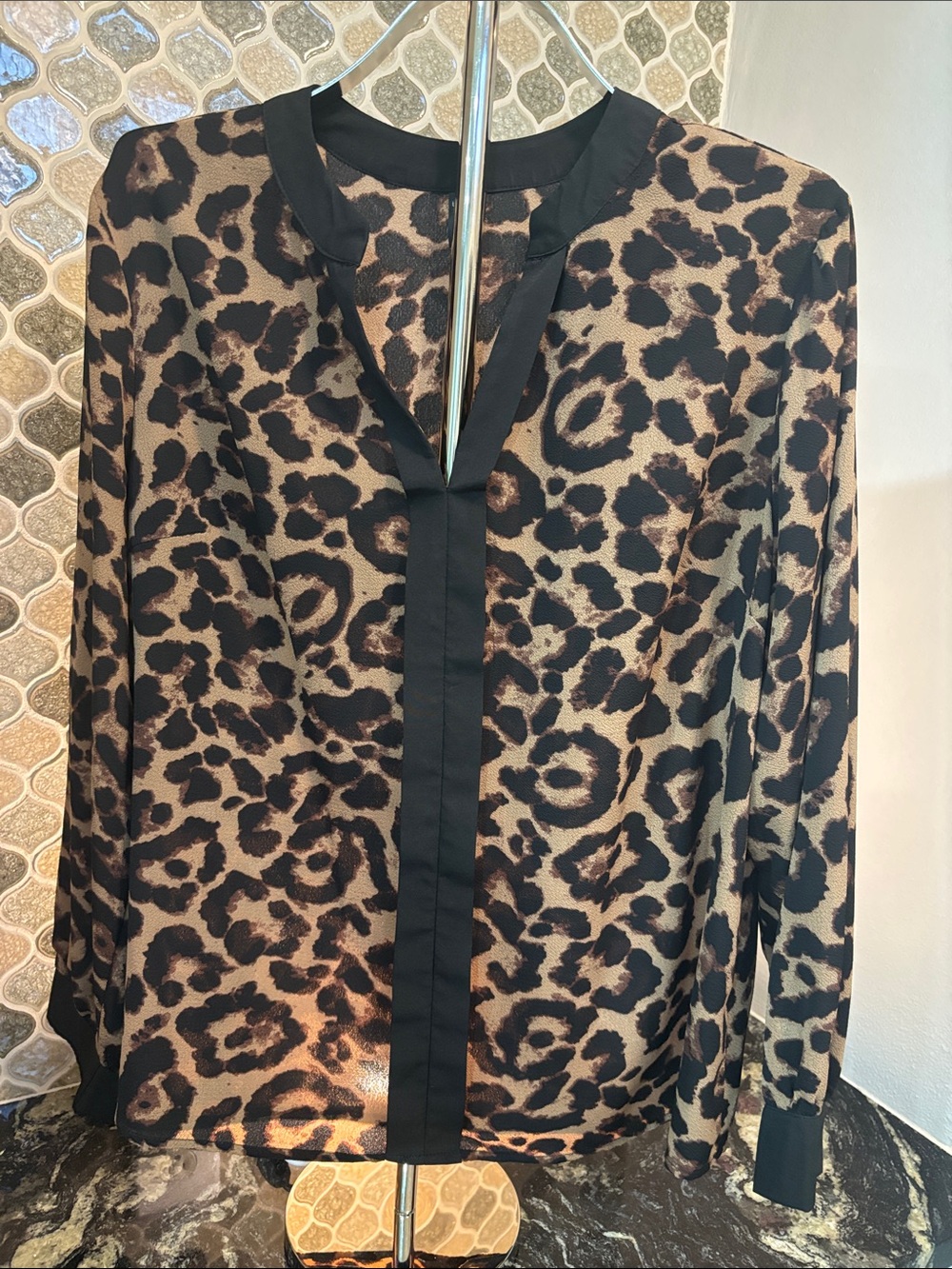 Leopard Print Long-Sleeve Blouse - Black & Tan